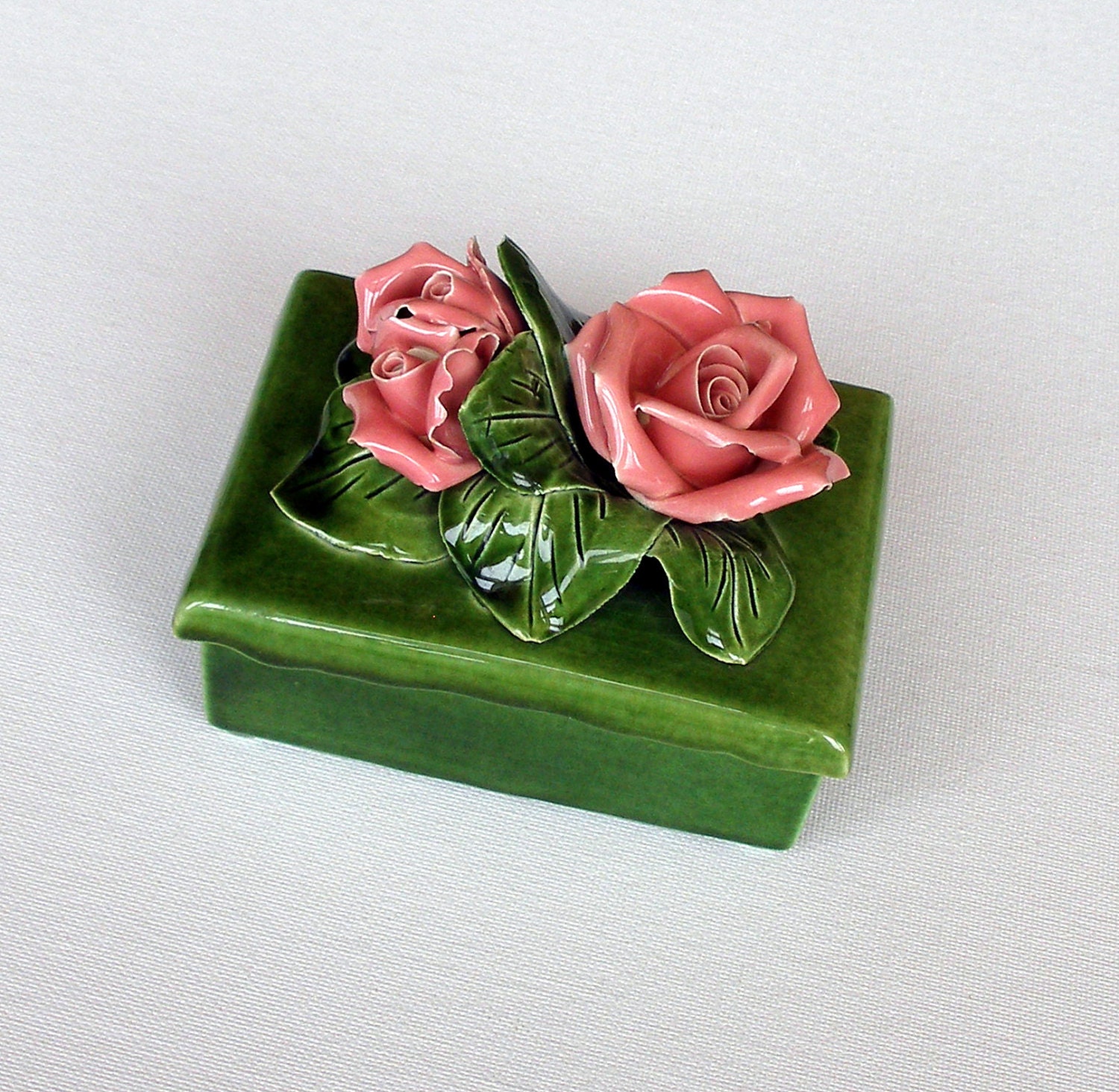 Vintage Pink Roses Trinket Box Mothers Day Gift 50's Pottery Home Decor Vanity Boudoir