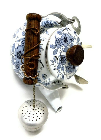Garden Decor Birdhouse-Eco Friendly-  Blue White Flowered Tea Pot-  Functional Art
