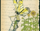 Butterfly on a Tall Bike: a Small and Affordable Original Art Piece on Antique Journal Page