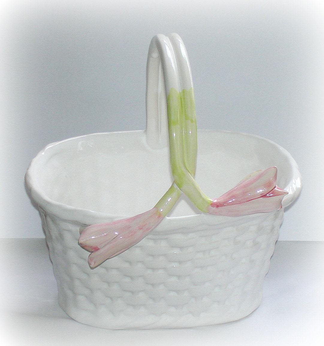 Vintage Ceramic Floral Basket or Vase.  REDUCED PRICE.  Basket Weave.
