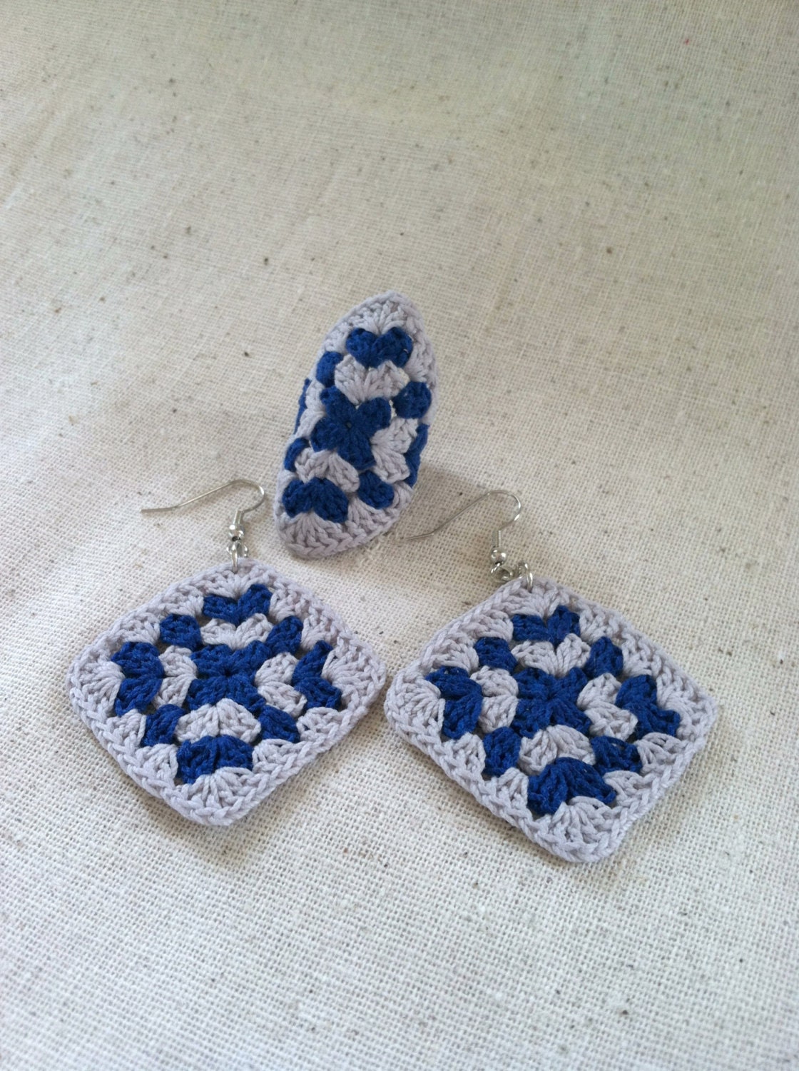 Crocheted Granny Square Earrings and Ring Set, Blue and Grey