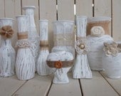 Burlap and Lace Centerpiece Vases Shabby Chic Distressed White Vases Wedding Centerpiece Bridal Shower Centerpiece Baby Shower Centerpiece