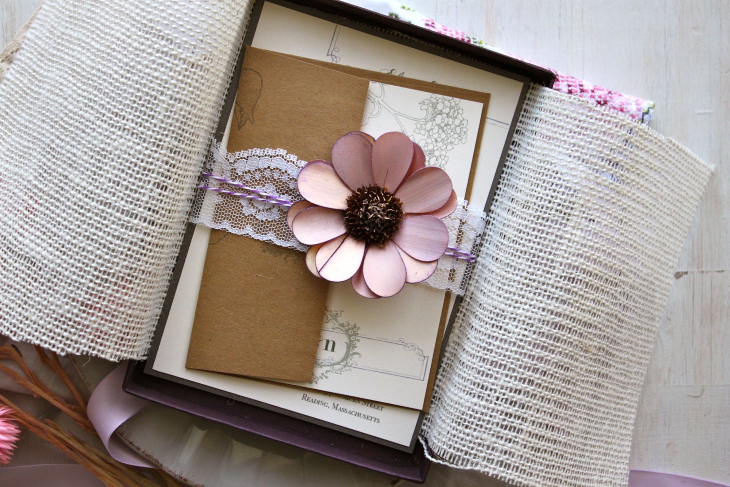 Shabby Chic - Burlap & Lace Boxed Wedding Invitation, With Baker Twine, Flower, Gray - Purchase for a Sample