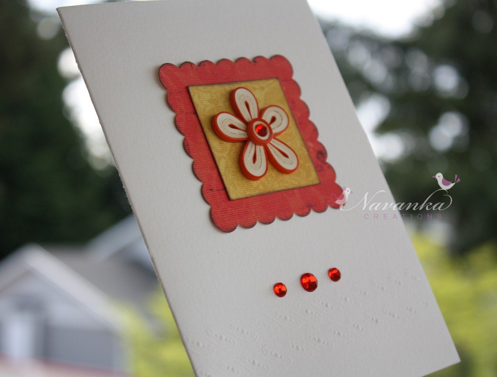Handmade Greeting Card with Orange and Cream Paper Quililng Flower for All Occasions, Mothers Day