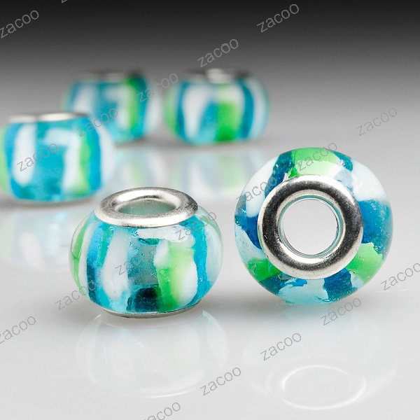 5pcs Lampwork Glass Large Hole Beads Lake Blue with White and Green Strip 14x14mm LB0062