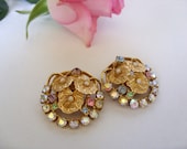 Vintage 1950s Clip Earrings.Aurora Borealis Stones.Detailed Leaf Design.Red Carpet Hollywood