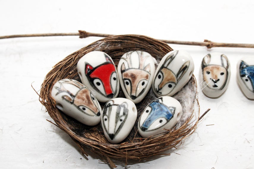 Woodland critter handmade ceramic beads-red fox, blue wolf, stag, hare and badger