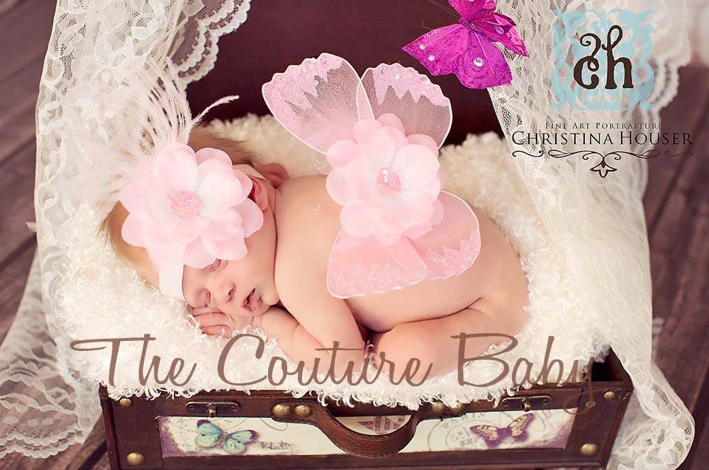 Baby Pink Sequin Vintage Butterfly Wings and Headband Set accented with ostrich feathers Beautiful Photo Prop First Photos