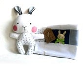 Baby blanket and rag doll bunny rabbit set of two 2 stuffed toy plushie softie soft toy white blue floral gift for Easter