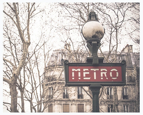 Paris metro sign fine art photography - 8x10 print - street, trees, city, sign, arcitecture - Metro