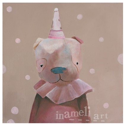 Whimsical animal portrait, circus dog illustration, nursery animal room decor by inameliart