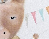 Party pig animal illustration, Baby Nursery art, pink pastel nursery decor, farm animal acrylic painting, whimsical art print, 10x10