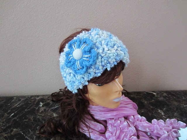 Headband Headwrap Earwarmer Handmade Spring Fashion Spring Accessories Sky Blue Blue Flower Gift for Her Hand Knitted