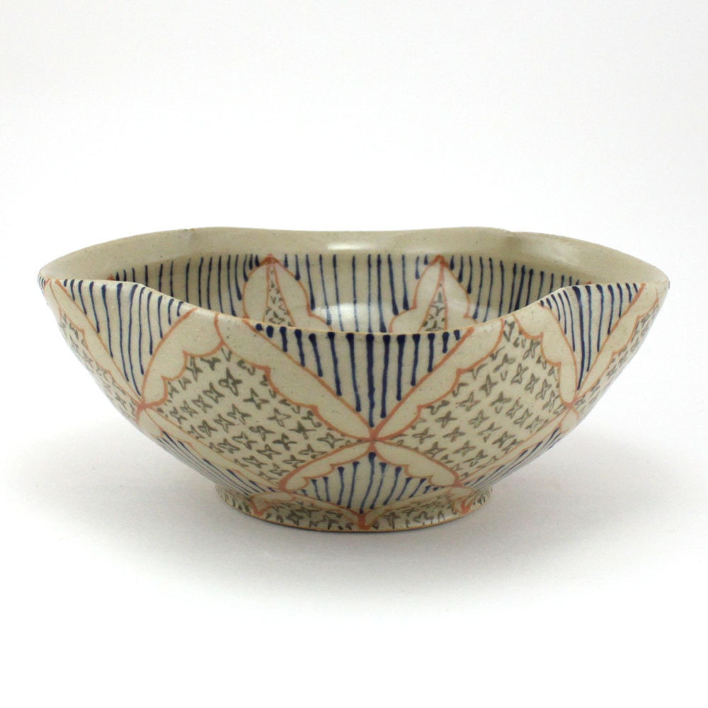 Wheel Thrown Ceramic Bowl with Salmon, Navy Blue and Green Pattern