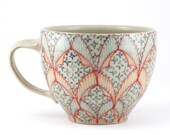 Ceramic Cup with Red, Navy Blue, Turquoise and Orange Pattern