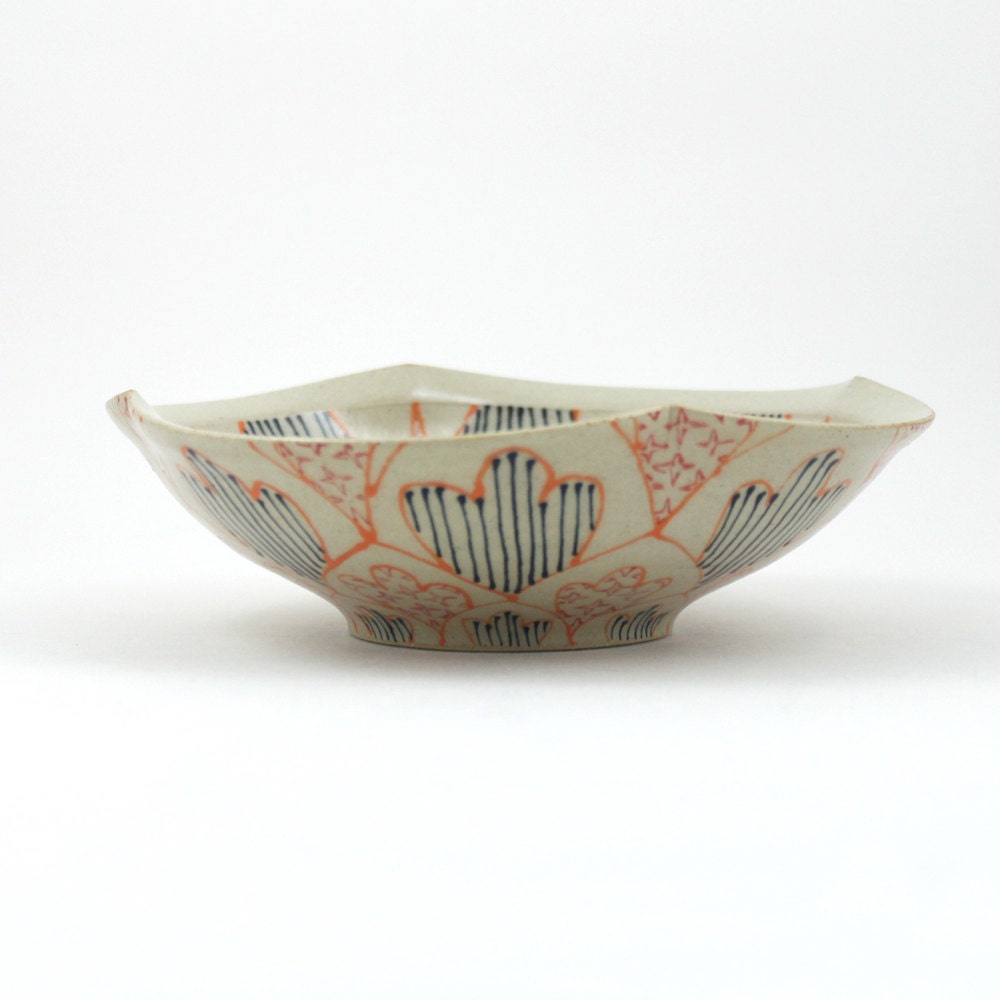 Wheel Thrown Ceramic Bowl with Orange, Red and Navy Pattern