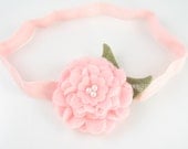 Light Pink Baby Headband - Wool Felt Flower Leaves Pearl Center - Newborn Toddler Girl Special Occasion Photo Prop