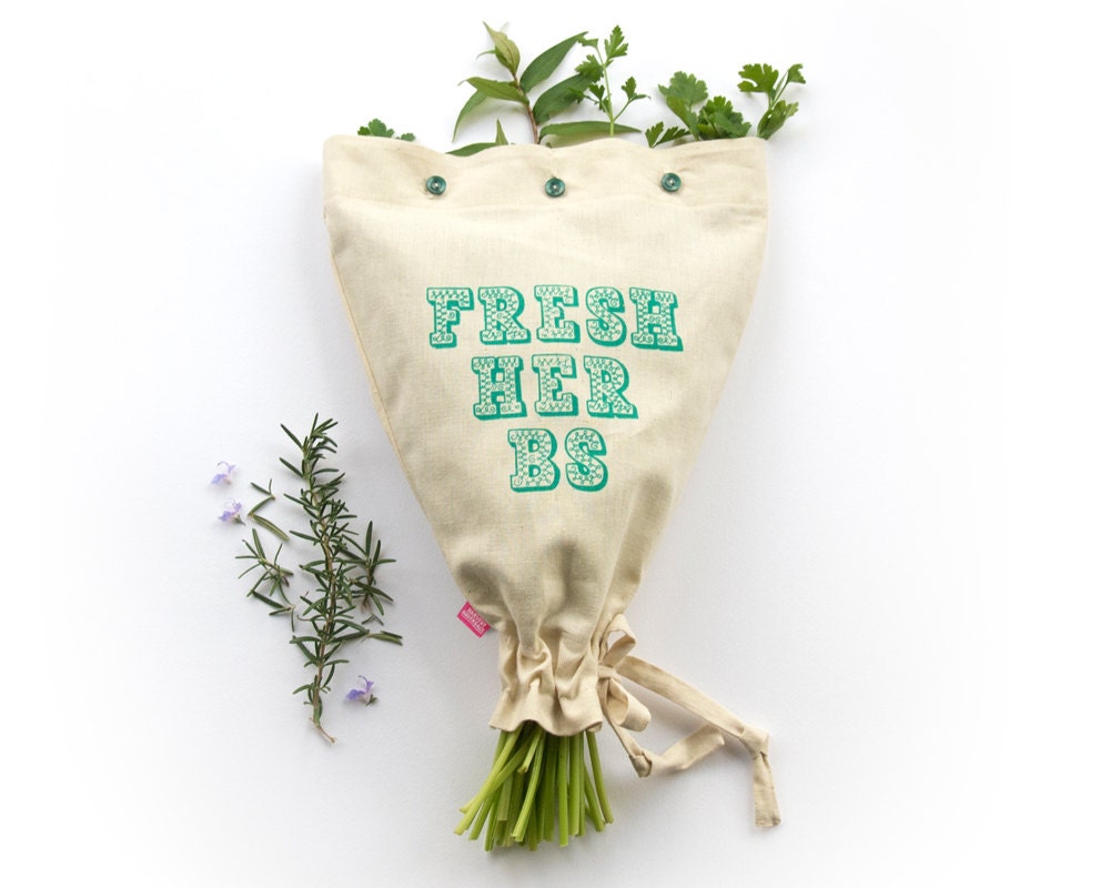 FRESH HERBS: Reusable eco fresh garden herb storage. Motif ornamented drawn typography. Hemp organic cotton drawstring button bag.