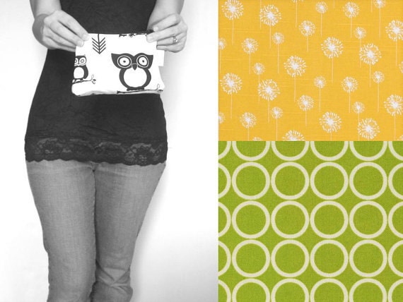 Cosmetic Case. Zipper Pouch. Small Clutch. Citrus Collection. Spring/Summer yellow green. dandelion flowers geometric circles.