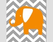 SALE -  Modern 8x10 Chevron Elephant Silhouette Print - Orange, Gray, and White