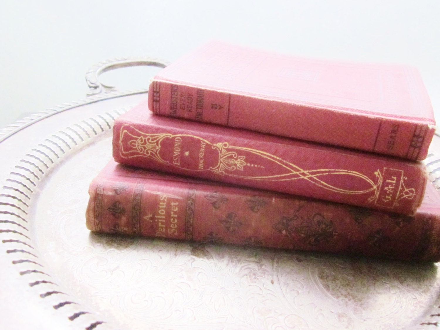 Antique Books Fiction Reference Red & Gold Webster Dictionary Valentines Day Hearts Secrets Shabby French Decor