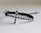 Silver Dazzling Black and Clear Crystals Rhinestone Cross Macrame Adjustable Bracelet Braided Bracelet