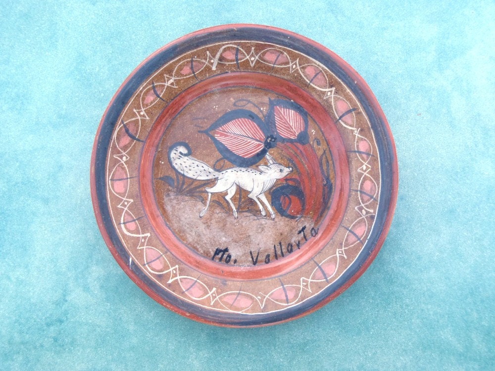 Puerto Vallarta Mexico Vintage Mexican Decorative Small Plate Wall Hanging Handmade Pottery Souvenir Hand Painted Fox Burnished Tonala Style