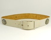 Vintage 60s Mod Taupe Leather Belt with Antique Silver Roman Coin Medallions XS