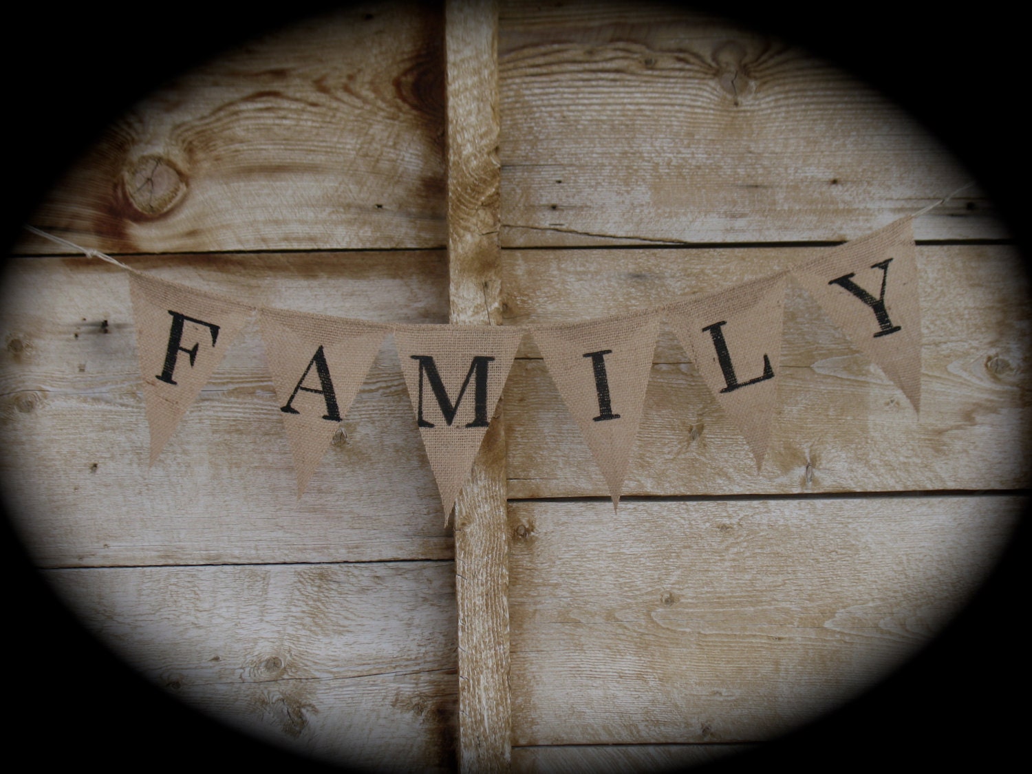 Family burlap Banner, bunting, in black capital lettering