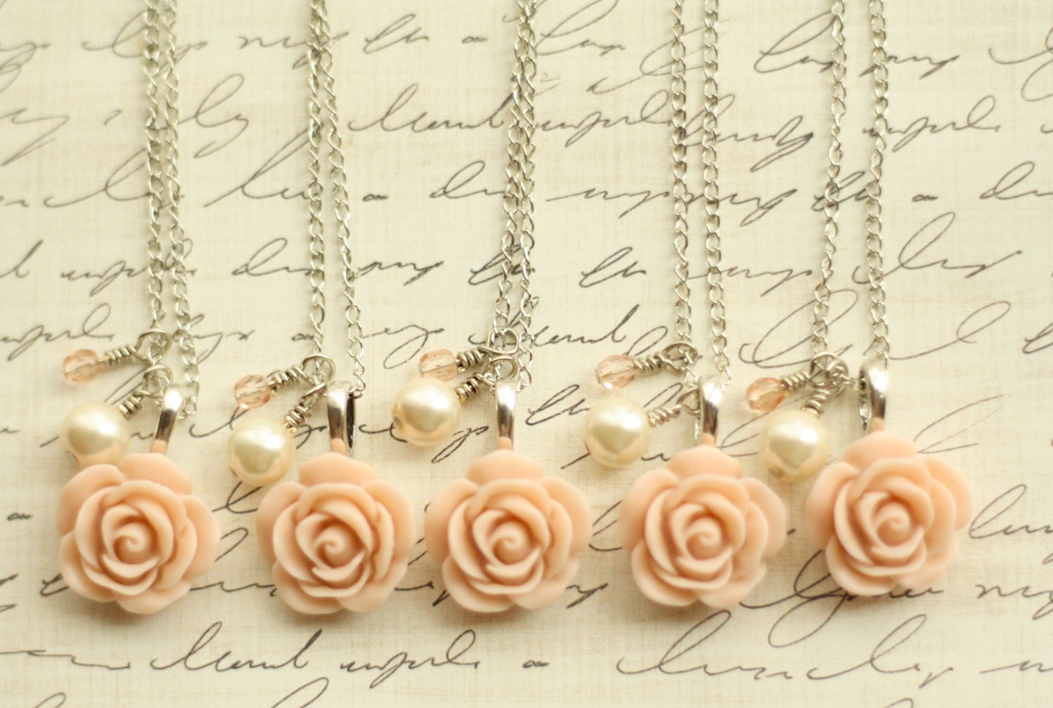 Bridesmaid Blush Rose Necklace - Antique Pink Rose Necklace - Bridesmaid Necklace - Flowergirl Necklace - Blush Wedding -  Pearl Necklace