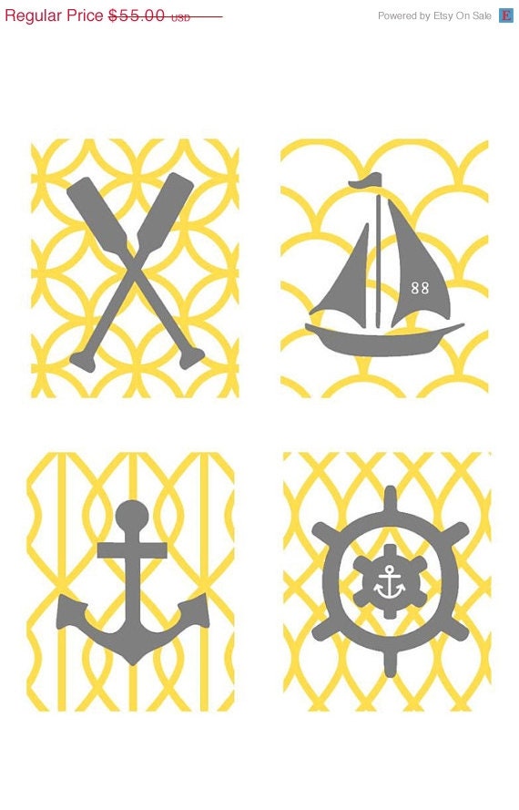 SALE Yellow and Gray Nautical Nursery Wall Art, 4- 8x10 prints, or toddler room, or as