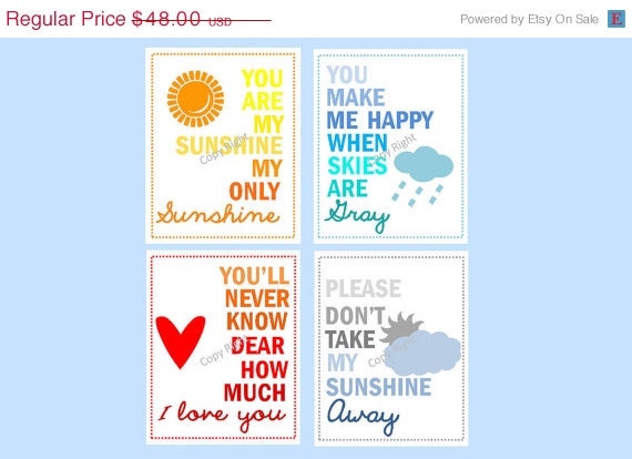 SALE You are my sunshine prints, Set of Four  8x10" prints, nursery, or playroom, or as a gift, Great fro Boy or Girl Room or Both