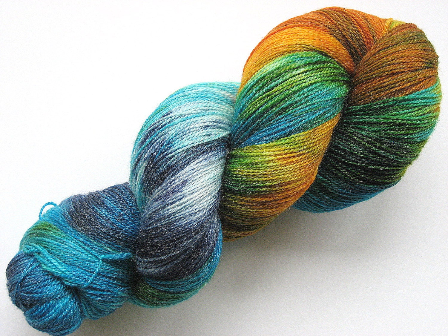 Orange, Turquoise, and Grey Lace Weight BLF Bamboo Hand-dyed Sock Yarn, 438 yds. 'Cosmic Rainbow'