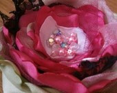 Medium size fabric flower in hot pink, green, black with pearls and crystals Floral brooch pin hair flower pin