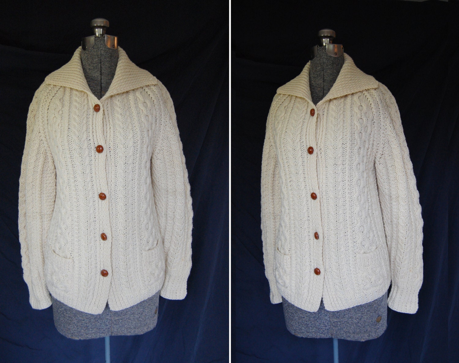 Vintage 1950s - 1960s Ladies Fisherman's Cable Knit Cardigan Sweater Irish Wool Women Medium