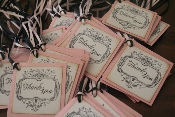 Wedding Thank You Favor Tags, Pink, Black, Vintage, Shabby Chic, French, Custom Colors