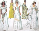 1970s Wedding Dress Pattern Simplicity 9936 Bust 32.5 Misses Size 10 Angel Sleeves, Empire Waist
