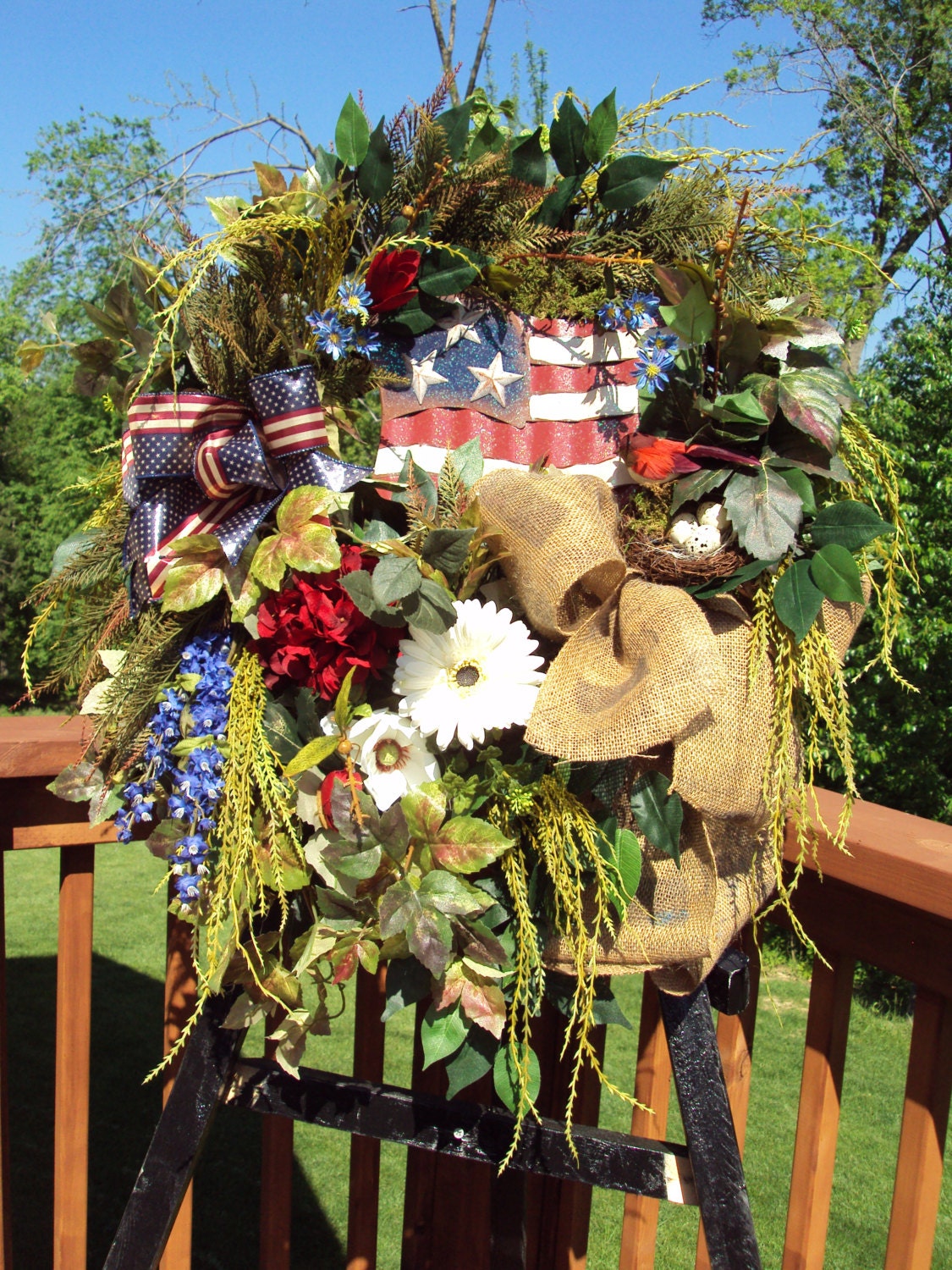 Big Sale on this Patriotic Door Wreath, sale, Everyday, American Flag, Holiday, 4th of July, Summer, Bird, Wreath 31"L,