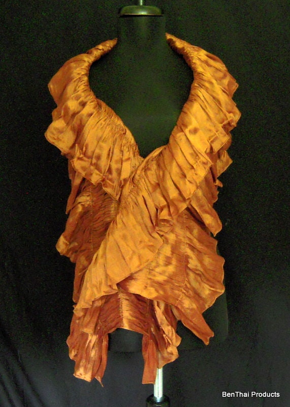 ELEGANT Bronze Ruffle Thai Silk Scarf Wrap Shawl Evening Stole Handmade For Party Wedding Bridesmaid Gift Decorative