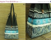 ON SALE Silk Shoulder Bag Purse Hippie Hobo Paisley Handbag Tote in Blue