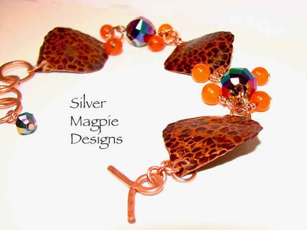OOAK Plus Size Adjustable Copper Bracelet Metalwork Textured Handmade Flame Patina by Silver Magpie Designs.