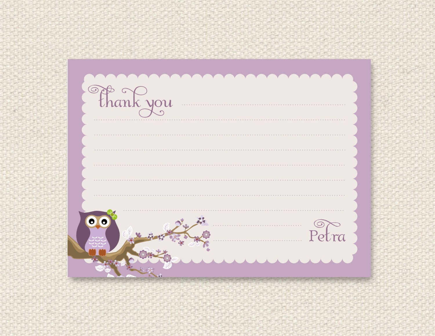 DIY printable thank you card - vintage lavender owl