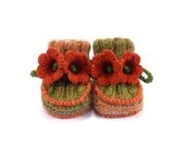 Baby Booties Hand Knitted with Crochet Bell Flowers - Brown, 0 - 6 months