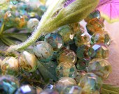 TROPICAL WATERS Picasso Czech Glass 6mm x 4mm Fire Polished Bead, Aqua Beige, 12 each