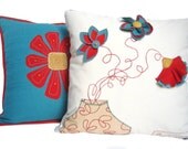 Boho pillow, flower pillow, turquoise and red pillow