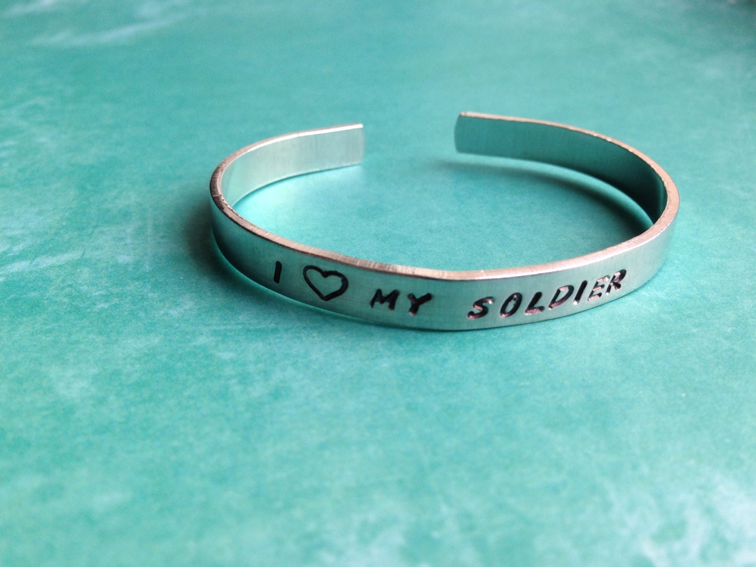 I Love My Soldier- Hand Stamped Aluminum Bracelet- Army Marines Navy Air Force