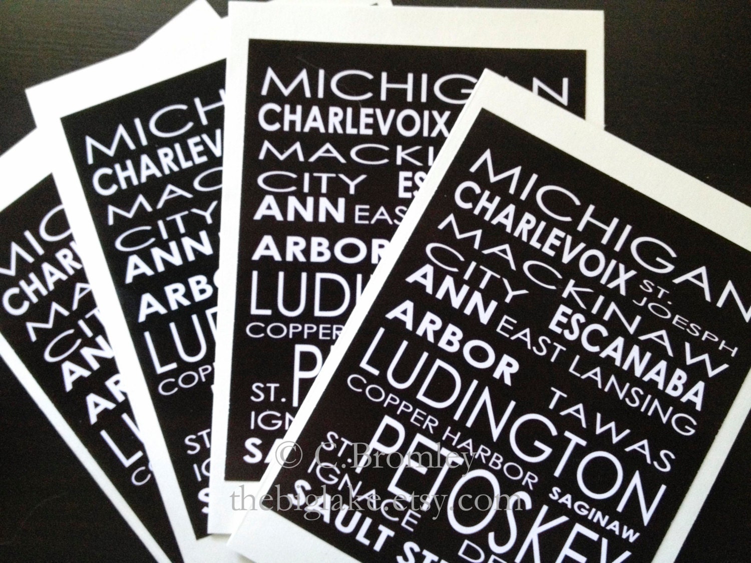 michigan towns & cities - subway art - card set - stationery - blank cards - black and white - typography