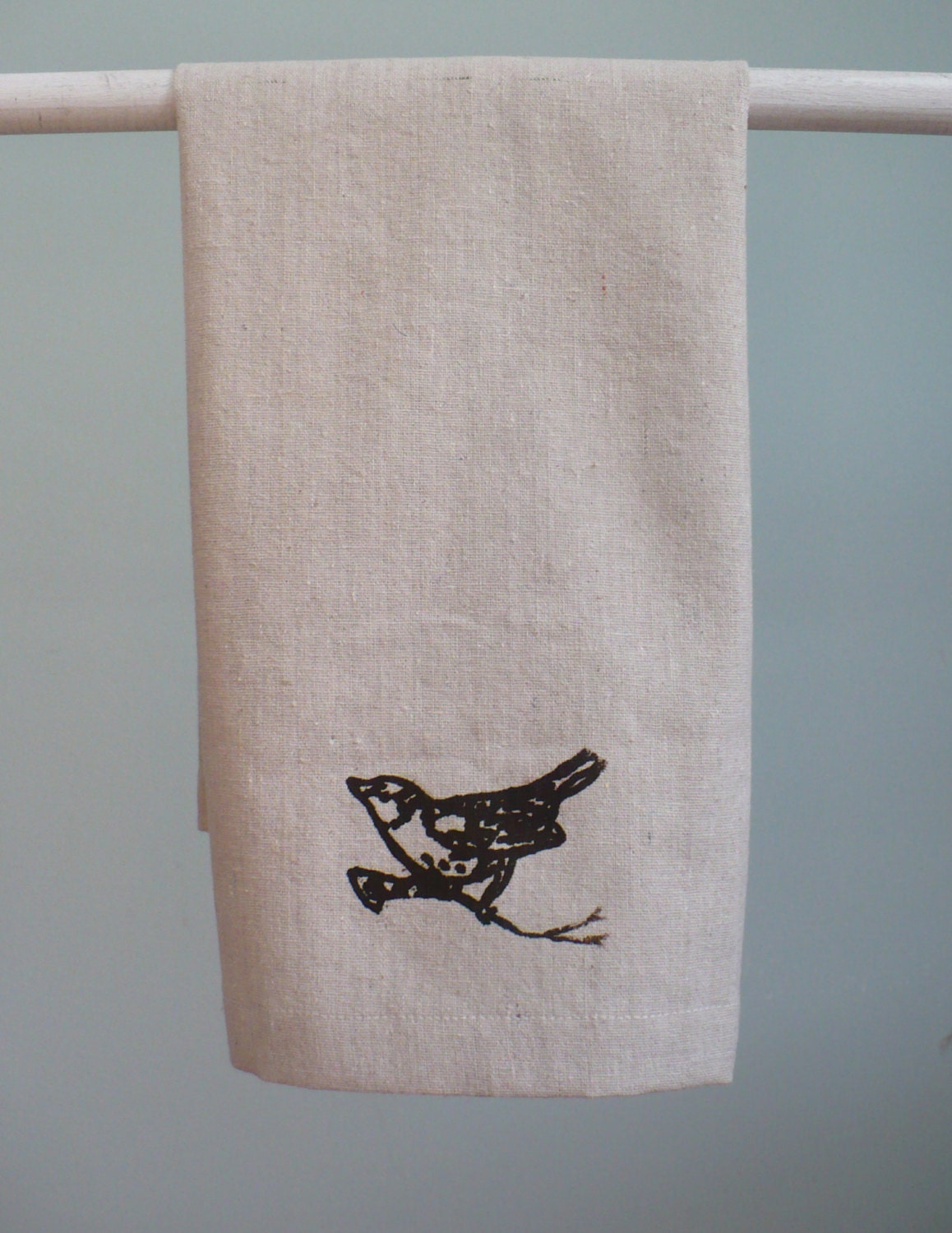 Osnaburg tea towel with wren bird