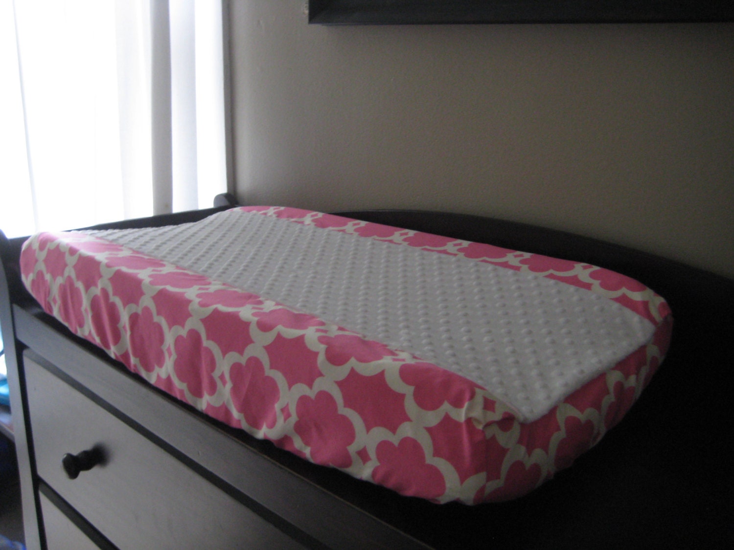 Changing Pad Cover with Minky Center - Taza Pink with White Minky
