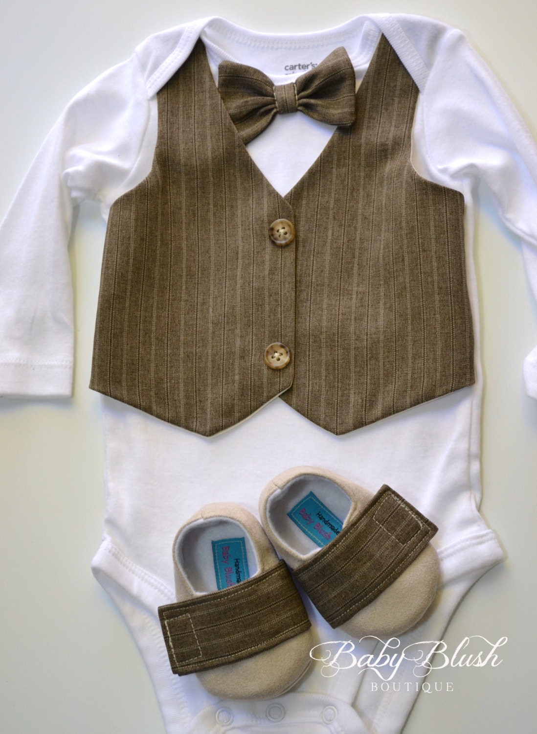 Brown Vest Onesie Bow tie Baby Boy Outfit Photo Prop Matching Shoes